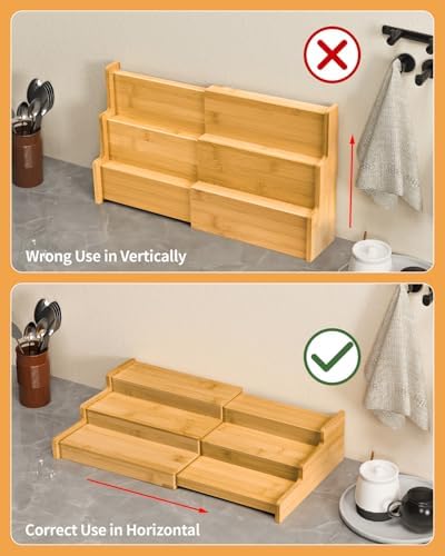 Spice Rack 3-Tier Natural Bamboo, Adjustable Cabinet Organizer Shelf