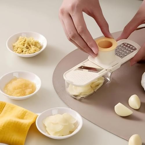 New Mini Garlic Slicer: 3 in 1 Multi-Functional Mandoline Slicer, Garlic Ginger Grinder & Veggie Shredder with Container and Hand Guard