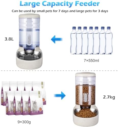 Automatic Cat Feeder and Water Dispenser with Stainless Steel Bowl Gravity Food Feeder and Waterer Set for Small Medium Dog Puppy Kitten 1 Gallon x 2(Beige)