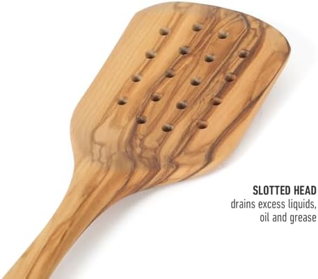 Calphalon Edge Wood Slotted Turner, 13-Inch Olive Wood Slotted Spatula, Wooden Cooking Turner for Draining, Flipping & Nonstick Cookware, Durable Kitchen Tool