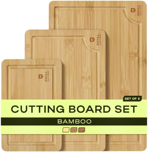ROYAL CRAFT WOOD Wooden Cutting Boards for Kitchen Meal Prep & Serving - Bamboo Wood Serving Board Set with Deep Juice Groove Side Handles - Charcuterie & Chopping Butcher Block for Meat