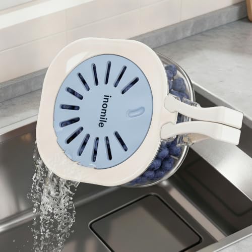 Fruit Vegetable Washer Cleaning Bowl with Strainer, Multifunctional Berry Strainer Container, Lettuce Storage Keeper for Fridge Organization, Kitchen Fruit Drainer Colander (Blue)