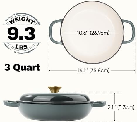 3 Quart Enameled Cast Iron Braiser, Non Stick Enameled Cast Iron Skillet with Lid, Dutch Oven Skillet with lid up to 500°F for Oven, Stove, Grill, Shallow Dutch Oven for Cook, Bake (Gray)