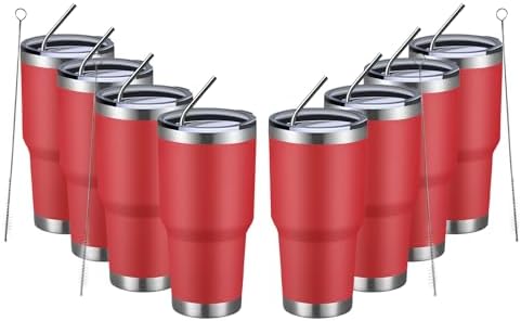 MEWAY 30oz Insulated Tumbler With Lids and Straws,Stainless Steel Double Vacuum Coffee Tumbler Cup, Brush, Durable Powder Coated Coffee Cup for Cold & Hot Drinks, Office, Travel(Coral red,8 PACK)