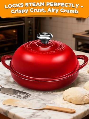 Dutch Oven Bread Baking Pot with Lid 6QT Enameled Cast Iron Oven, Gradient Red Design & Complete Sourdough Kit (Banneton Basket, Dough Tools, Silicone Sling) for Artisan Bread Making