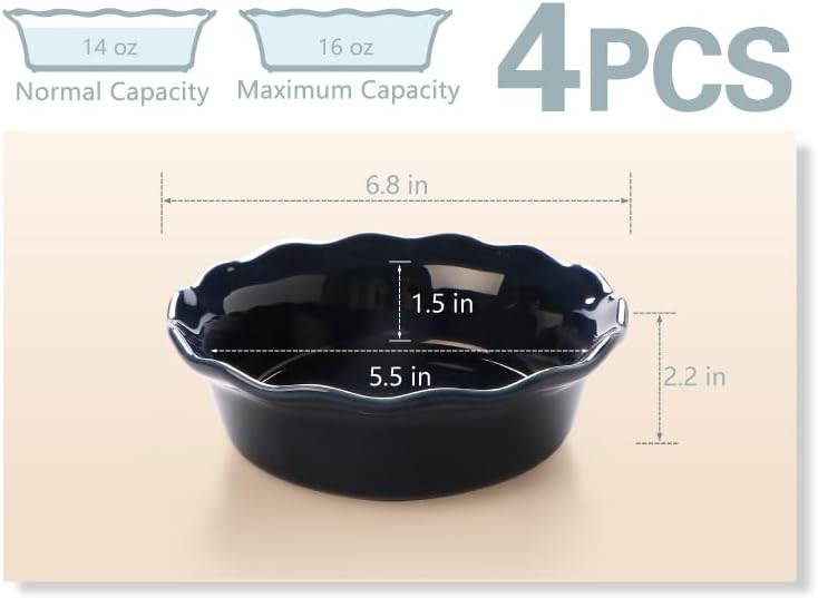 ONEMORE Pie Pans, 6.8 inch Small Chicken Pot Pie Plates 16 oz Deep Dish Pie Pan Ceramic Baking Plates for Dessert Oven Safe Round Baking Dish Pans Set of 4 - Blue