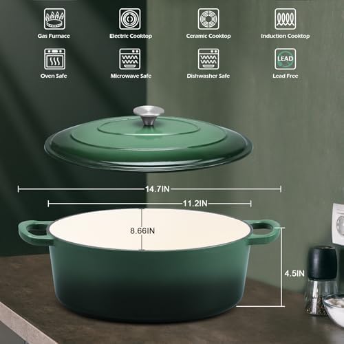 Leonyo 7-Quart Enameled Cast Iron Oval Dutch Oven Pot with Lid, Emerald