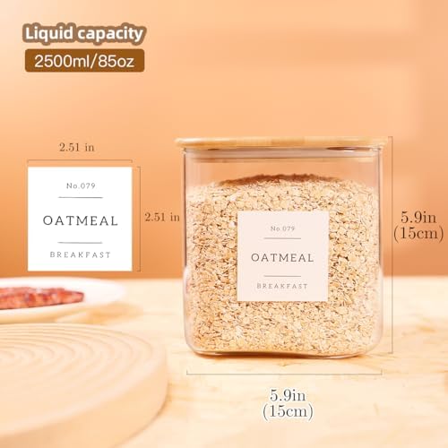 2 Pack Square Glass Flour and Sugar Containers with 132 Kitchen Pantry Labels - Thicken 85 FL OZ Large Glass Storage Jars with Airtight Bamboo Lid - Big Food Canisters for Cookies, Candy, Tea, Coffee