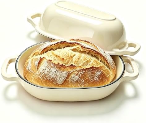Oval Cast Iron Dutch Oven, Sourdough Bread Baking Pan with Lid, White