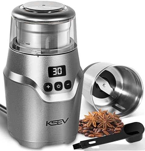Digital Display Timer Electric Coffee Grinder, 150W Herb Grinder, Large Capacity Up to 12 Cups, Whisper Quiet, Safety Lock Feature, Removable Stainless Steel Cup for Spices, Herbs, Nuts (Silver)