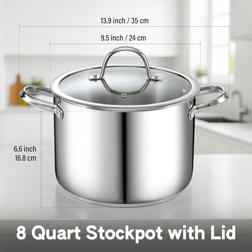 Cooks Standard Classic 8-Quart Stainless Steel Dutch Oven Casserole with Glass Lid, Large Dutch Oven Casserole for Soup, Stew, Chili & Pasta, Compatible with All Stovetops