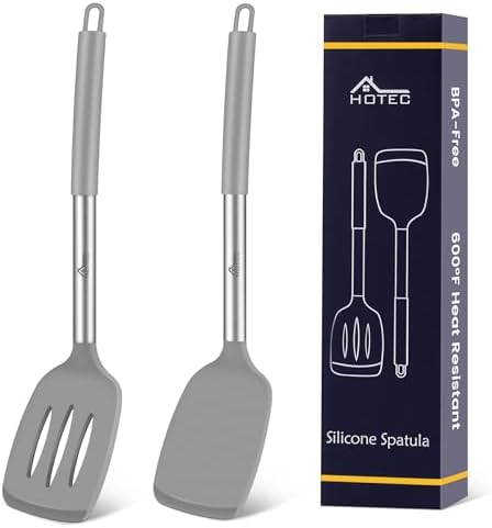 HOTEC Silicone Spatula Set of 2 Heat-Resistant 600°F & BPA-Free Kitchen SaptulaTurner with Stainless Steel Handles, Slotted & Solid Spatulas for Nonstick Cookware, 13.7 Inch, Grey