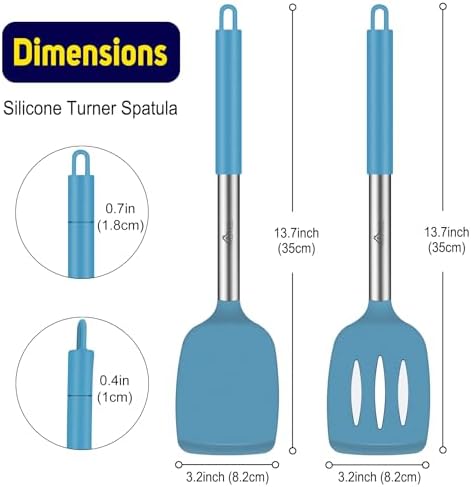HOTEC Silicone Spatula Set of 2 Heat-Resistant 600°F & BPA-Free Kitchen SaptulaTurner with Stainless Steel Handles, Slotted & Solid Spatulas for Nonstick Cookware, 13.7 Inch, Blue