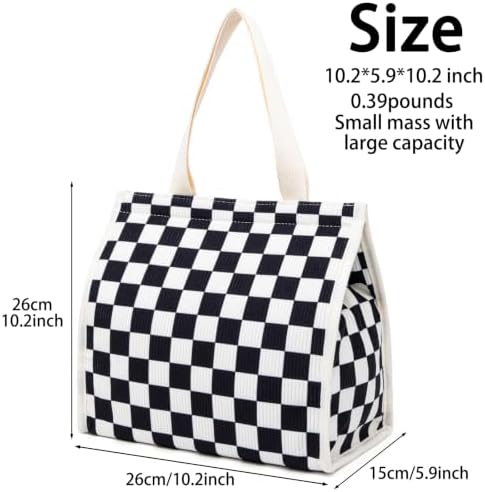 Insulated Lunch Bag for Work, 10.2"x5.9"x10.2" Oxford Waterproof Lunch Tote, Thermal Lunch Box for Office, Picnic & Outdoor, Striped Canvas Tote Bag -Check Black