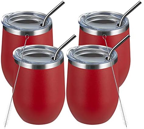 MEWAY 12oz/4 Pack Wine Tumbler Glasses with Lid - Stemless Double Wall Vacuum Stainless Steel Travel Tumbler - Keeping Cold & Hot for Wine,Coffee,Cocktails,Drinks-Family and Gifts (Red,Set of 4)
