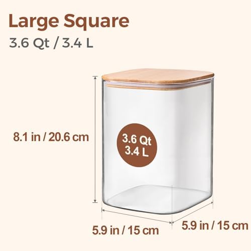 ComSaf Glass Storage Jars with Bamboo Lids 3.6 Qt Large Pantry Square