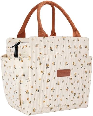 Joymee Lunch Bag Women Insulated Corduroy Reusable - Yellow-Floral