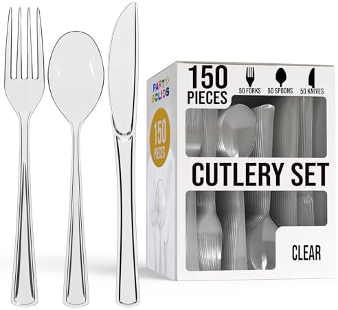Party Solids Clear Plastic Silverware 150 Pcs Clear Cutlery Set