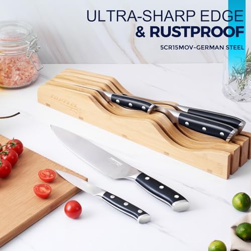 Topfeel 6PCS Kitchen Knife Set with In-Drawer Bamboo Knife Block