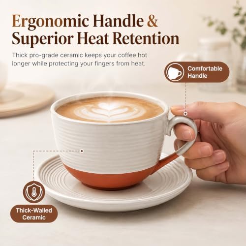 12 Oz Cappuccino Cups with Saucers, Coffee Cups Set of 4, Ceramic Tea Cup and Saucers, Wide Mouth Coffee Mugs for Latte Art, Cappuccino, Espresso & Cafe Drinks, Microwave Dishwasher Safe