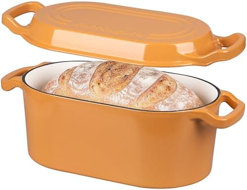 VORRINGARD Oval Dutch Oven Pot with Lid, Enamel Coating Cast Iron Bread Pans for Homemade Sourdough Bread Baking, Cooking, 4 Quart, Yellow