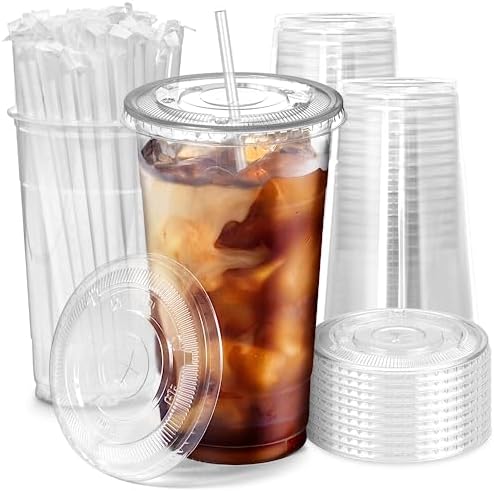 Fit Meal Prep 100 Pack 32 oz Plastic Iced Coffee Cups with Flat Lids and Clear Straws, Disposable Clear Cup, BPA Free Cup for Party, Smoothie, Cold Drinks, Juice, Milkshake, Bubble Boba, Tea