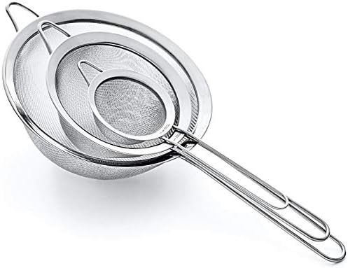 Strainer Set Fine Mesh – Premium 304 Stainless Steel (18/8) – 8″, 5.5″ and 3.3″ Sturdy Kitchen Strainers (Silver)