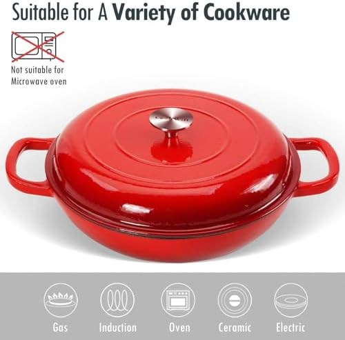 COOKWIN Cast Iron Casserole Braiser, 3.8 Quart Enameled Cast Iron Dutch Oven Pan with Lid, Heavy Duty and Dual Handles Skillet, Oven-Safe Porcelain Surface Casserole Dish, Red