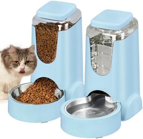 Portable Automatic Cat Feeder and Water Dispenser with Stainless Steel Bowl Dog Gravity Food Feeder and Waterer for Small Medium Pets Puppy Kitten 1 Gallon x 2 (Light Blue（3.8L*2）)
