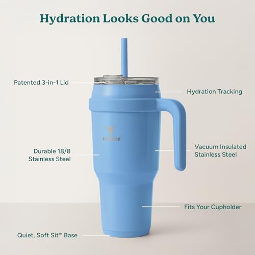REDUCE Cold1 40 oz Tumbler with Handle - Vacuum Insulated Stainless Steel Water Bottle for Home, Office or Car, Reusable Mug with Straw or Leakproof Flip Lid, Keeps Drinks Cold All Day- Oahu Blue