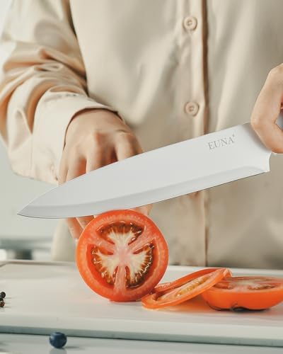 EUNA Knife Block Set, 19 PCS White Kitchen Knife Set with Acrylic Block and Sharpener, German High-Carbon Stainless Steel Knife Sets with 6 Serrated Steak Knives, Chef Knife, Dishwasher Safe
