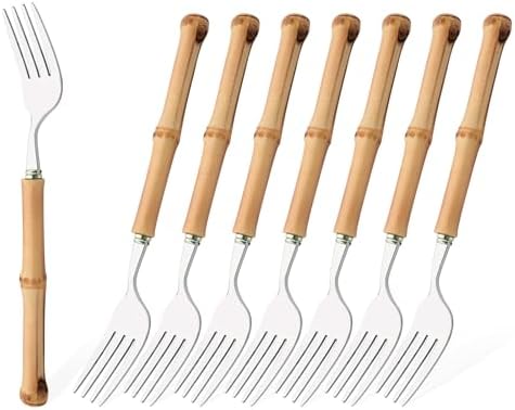 Dinner Fork Set, 8-Piece Natural Bamboo Forks, 18/8 Stainless Steel with Bamboo Handle, Silver Mirror Finish, Unique Design, 8.27 Inch