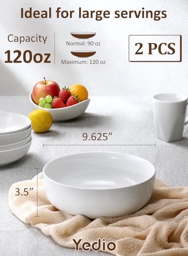 Pasta Serving Bowls 120 Ounce 9.7” Large Serving Bowls, Porcelain Salad Bowls for Kitchen, Big White Soup Bowls, Oven Dishwasher Safe, Set of 2