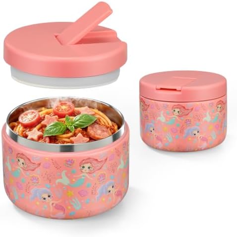Pawtong 12oz Insulated Vacuum Food Jar with Buckle Lid Wide Mouth Soup Thermo for Hot Food Kids Leakproof Stainless Steel Lunch Container (mermaid)