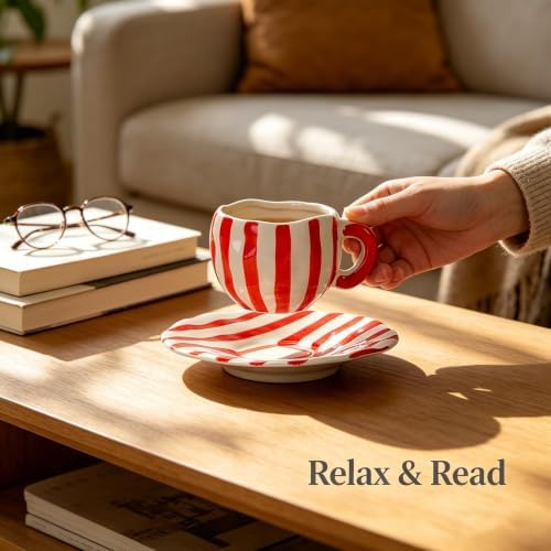 Espresso Cups Ceramic Coffee Mug Series European Striped Dot Coffee Cup And Saucer Mug Cake Plate Afternoon Tea Set Tea Cup And Saucer (Red 2)
