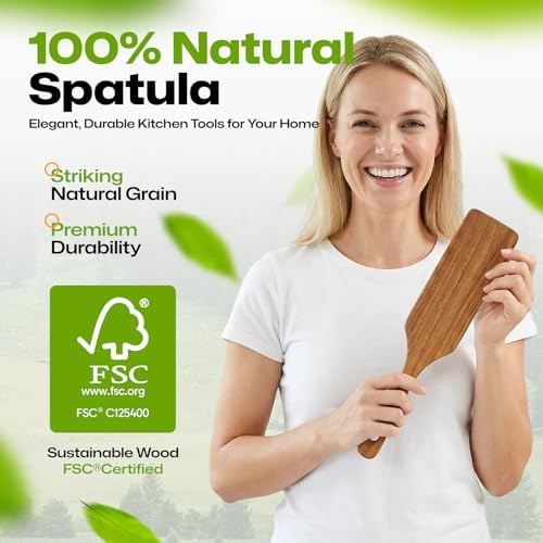 AIUHI Teak Wood Spatula for Cooking, Large Turner for Non-Stick Cookware, Handcrafted Flat Solid Wok Spatula