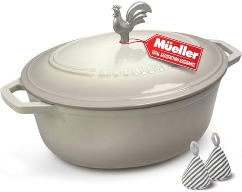 MUELLER HOME 5.5 Quart Enameled Cast Iron Oval Dutch Oven with Rooster Knob & Cotton Potholders, Heavy-Duty Cookware, Oven-Safe up to 500° F & Across All Cooktops, Gifts for Grandma & Women, White