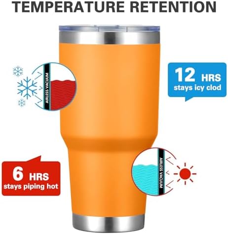 MEWAY 30oz Insulated Tumbler With Lids and Straws,Stainless Steel Double Vacuum Coffee Tumbler Cup, Brush, Durable Powder Coated Coffee Cup for Cold & Hot Drinks, Office, Travel(Orange,4 PACK)