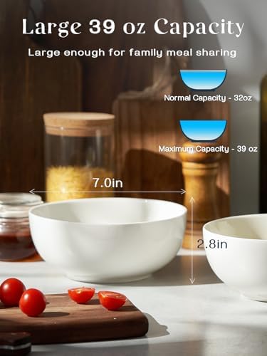 DOWAN 39 OZ Soup Bowls Set of 4 - Large Cereal Bowls, White Ceramic Big and Deep Ramen Bowls for Noodle, Pasta, Salad, Mixed Fruit - Dishwasher & Microwave Safe