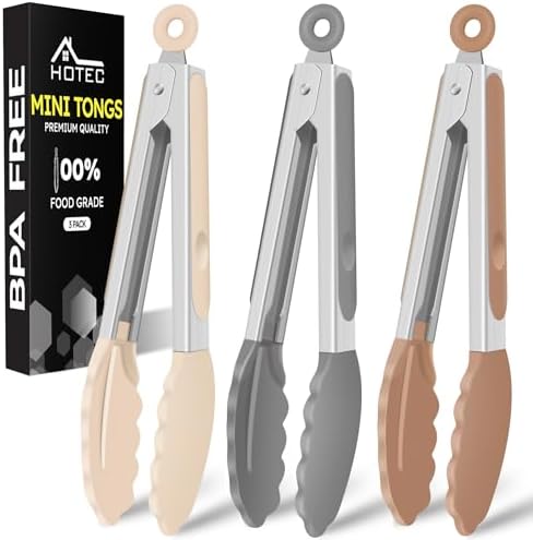 HOTEC Small Silicone Kitchen Tongs 7-Inch Mini Serving Tongs, Set of 3