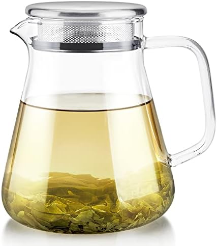 Teabloom One-Touch Tea Maker, 2-in-1 Teapot and Kettle with Stainless Steel Filter Lid for Loose Tea – Stain-Free Borosilicate Glass Teapot (27 Oz) – Tea Connoisseur's Choice