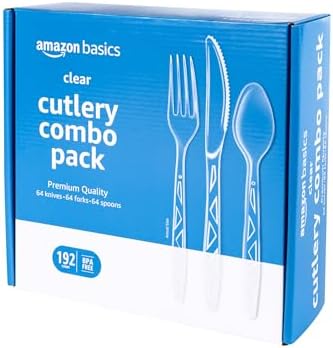 Amazon Basics Disposable Clear Plastic Cutlery Set, Premium Quality, Strong, 192 Count, Large Combo Pack Forks, Spoons and Knives