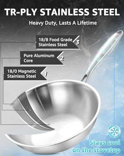 10'' Small Tri-Ply Stainless Steel Wok, Uncoated Wok for Stir Fry