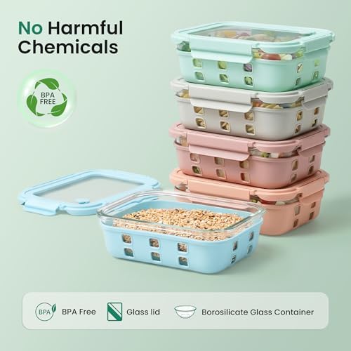 GENICOOK Glass Meal Prep Containers 5 Pack, 4.4 Cup Airtight Leakproof Lids, Borosilicate Glass Food Storage Containers, Microwave Oven Freezer Safe, BPA Free Lunch Containers
