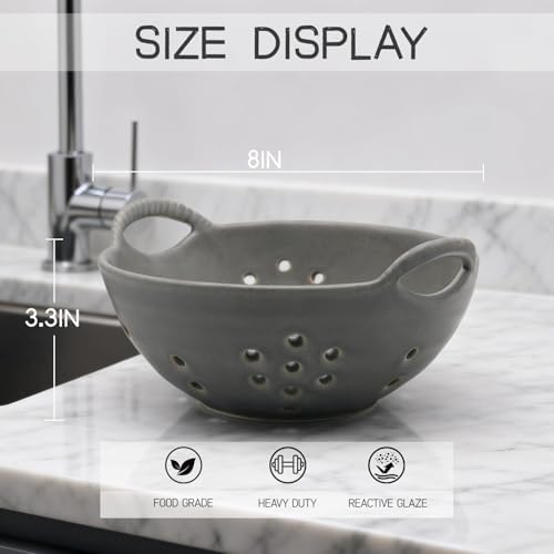 Matte Glaze Ceramic Berry Colander Bowl with Handles – 8.5" Handle-to-Handle × 8" Bowl Dia × 3.3" High – Rustic Stoneware Drain Bowl for Fruit, Berries, and Kitchen Decor (Sage Green)