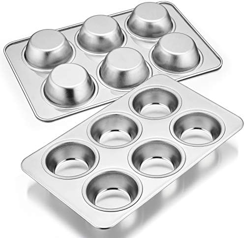 E-far Stainless Steel Muffin Pan Set of 2, 6-Cup Cupcake Tin for Baking