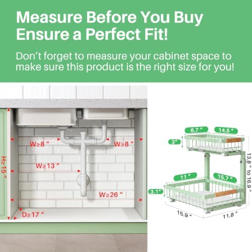 Kitstorack Under Sink Organizer, 2 Tier Under the Sink Storage, Slide out Pull out Cabinet Organizer Shelf, Metal Sliding Drawer for Kitchen Bathroom Pantry Closet Organization Rack, Green, 1 Pack