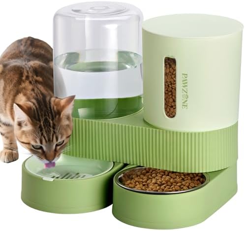 Automatic Cat Feeder Stainless Steel Water Dispenser Gravity Food Feeder and Waterer Set with Pet Food Bowl for Small Medium Kitten Puppy Pets Large Capacity(Green)