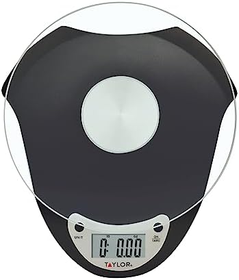 Taylor Digital Kitchen Scale with Glass Platform, Tare Button, and Plastic Body Weighs up to 11 Pounds Capacity, Black