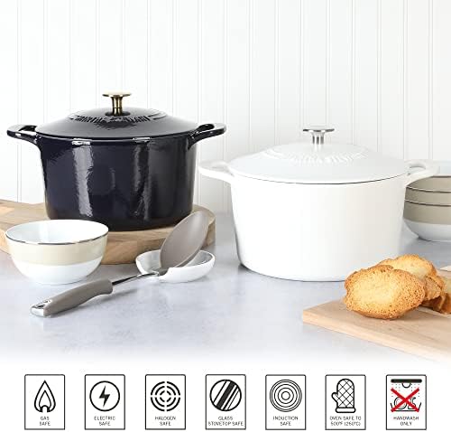 MARTHA STEWART Gatwick 7-Quart Enamel Cast Iron Dutch Oven Pot with Lid – Matte White – Durable Heavy-Duty Dutch Oven for Slow Cooking, Braising & Baking